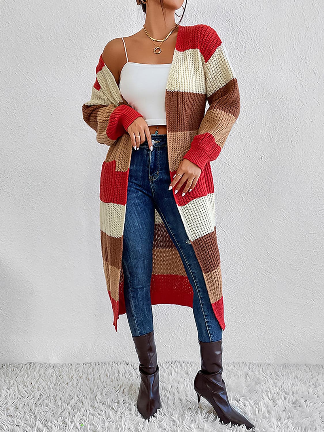 Color Block Open Front Longline Cardigan.