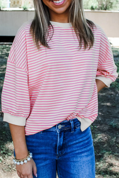 Pink Striped 3/4 Sleeve Relaxed Fit Top