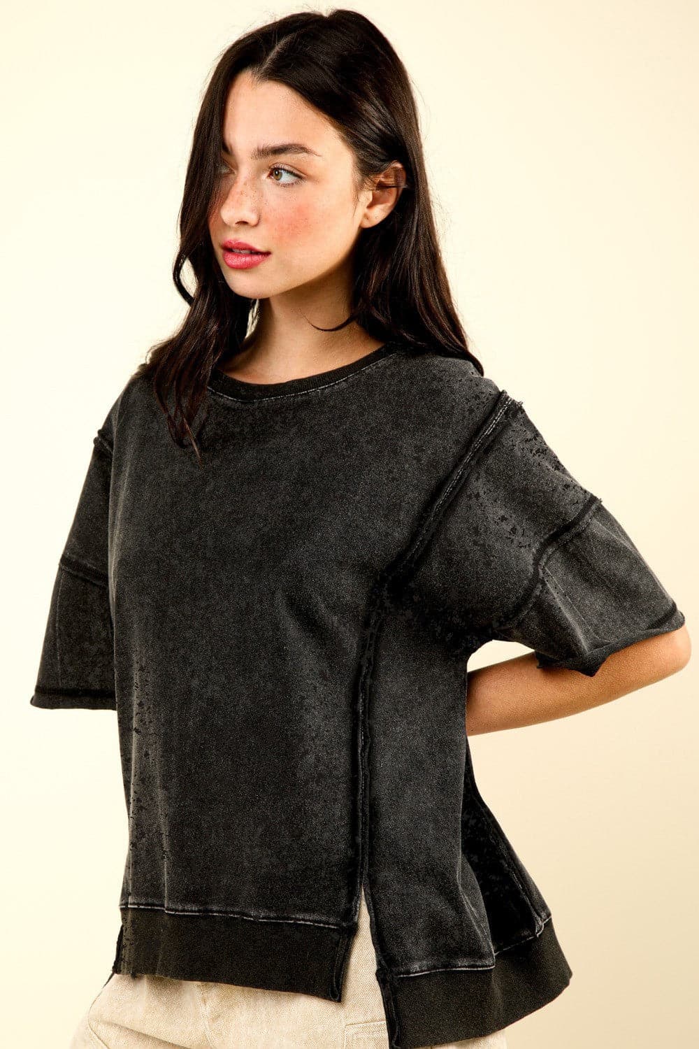 VERY J Round Neck Exposed Seam Slit T-Shirt.