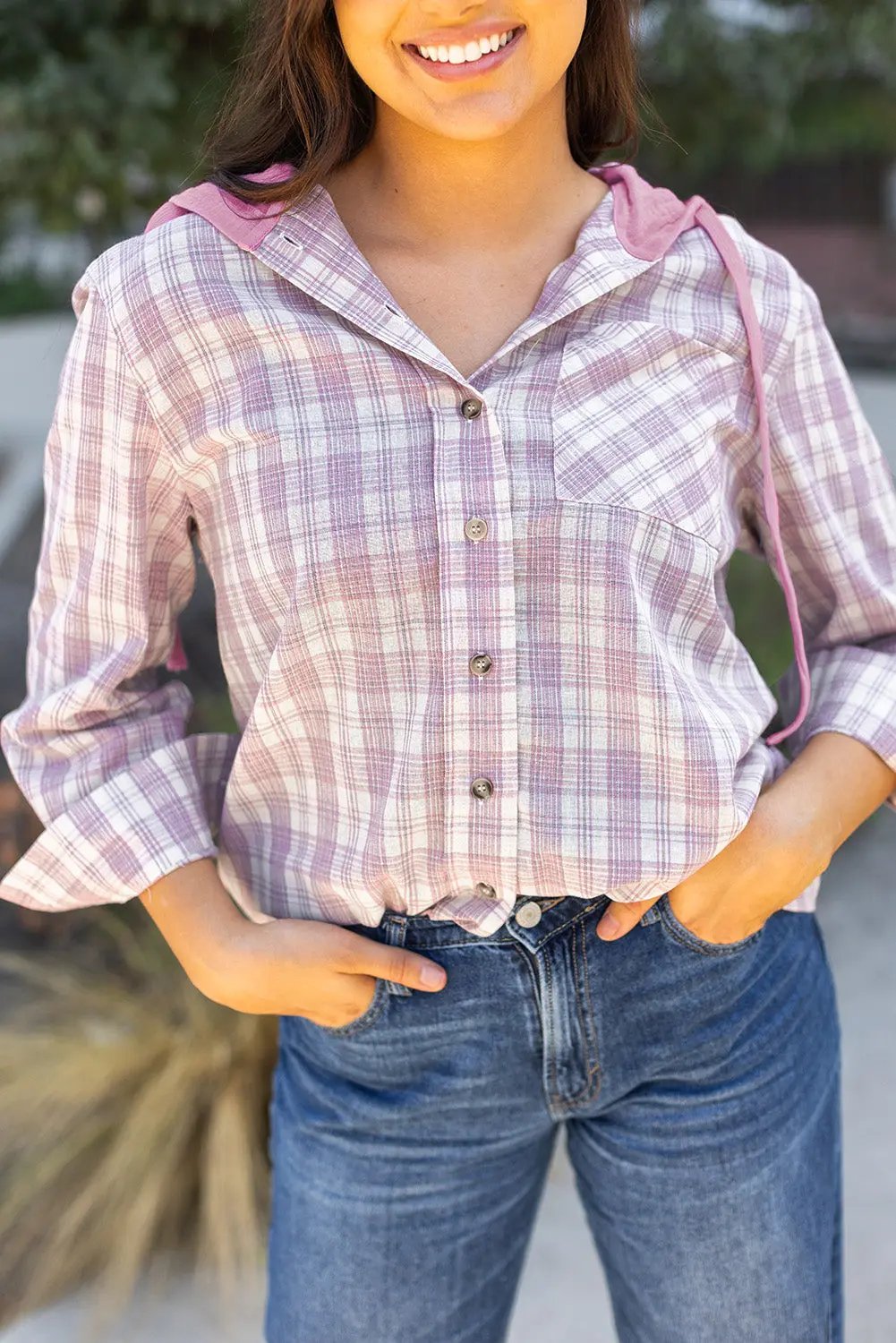 Ariella Checkered Loose Fit Buttoned Hooded Shacket - Love Salve 