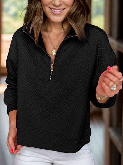 Textured Half Zip Long Sleeve SweatshirtFeatures: Basic style
Sheer: Opaque
Stretch: Slightly stretchy
Material composition: 95% polyester, 5% elastane
Care instructions: Machine wash cold. Tumble dry low.Love Salve Textured Half Zip Long Sleeve SweatshirtSweater Hoodies