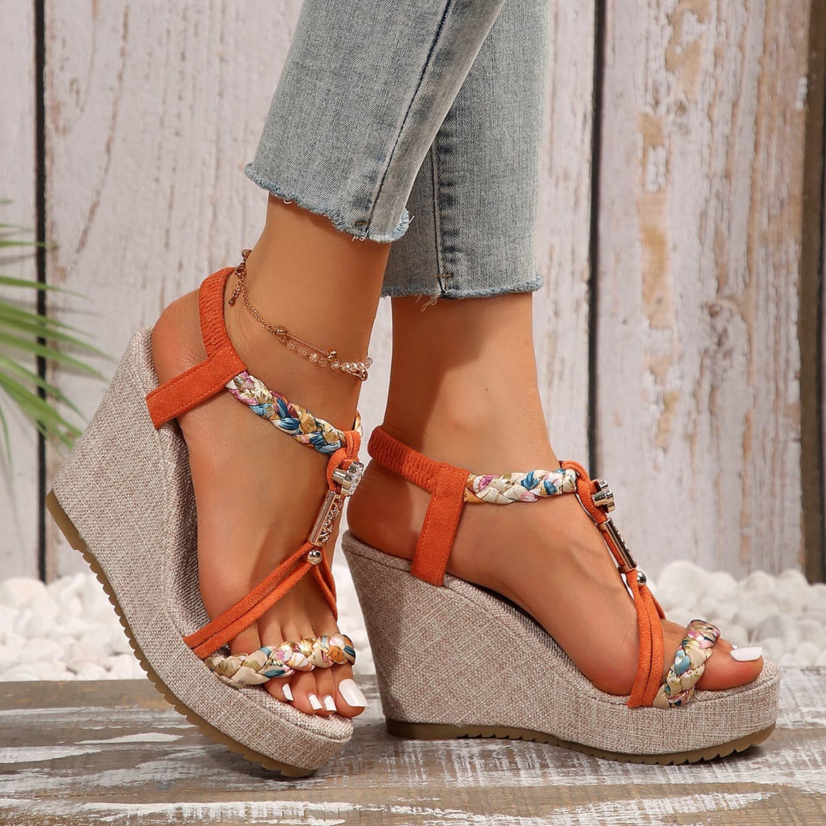 Braided Strap Wedge Sandals.