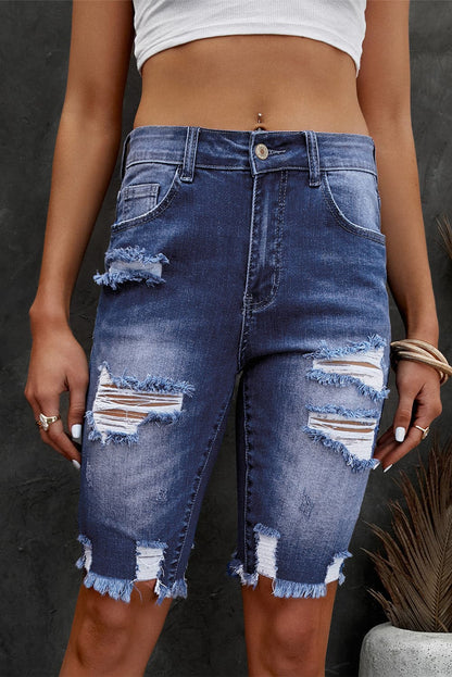 Distressed Frayed Hem Denim Bermuda Shorts.