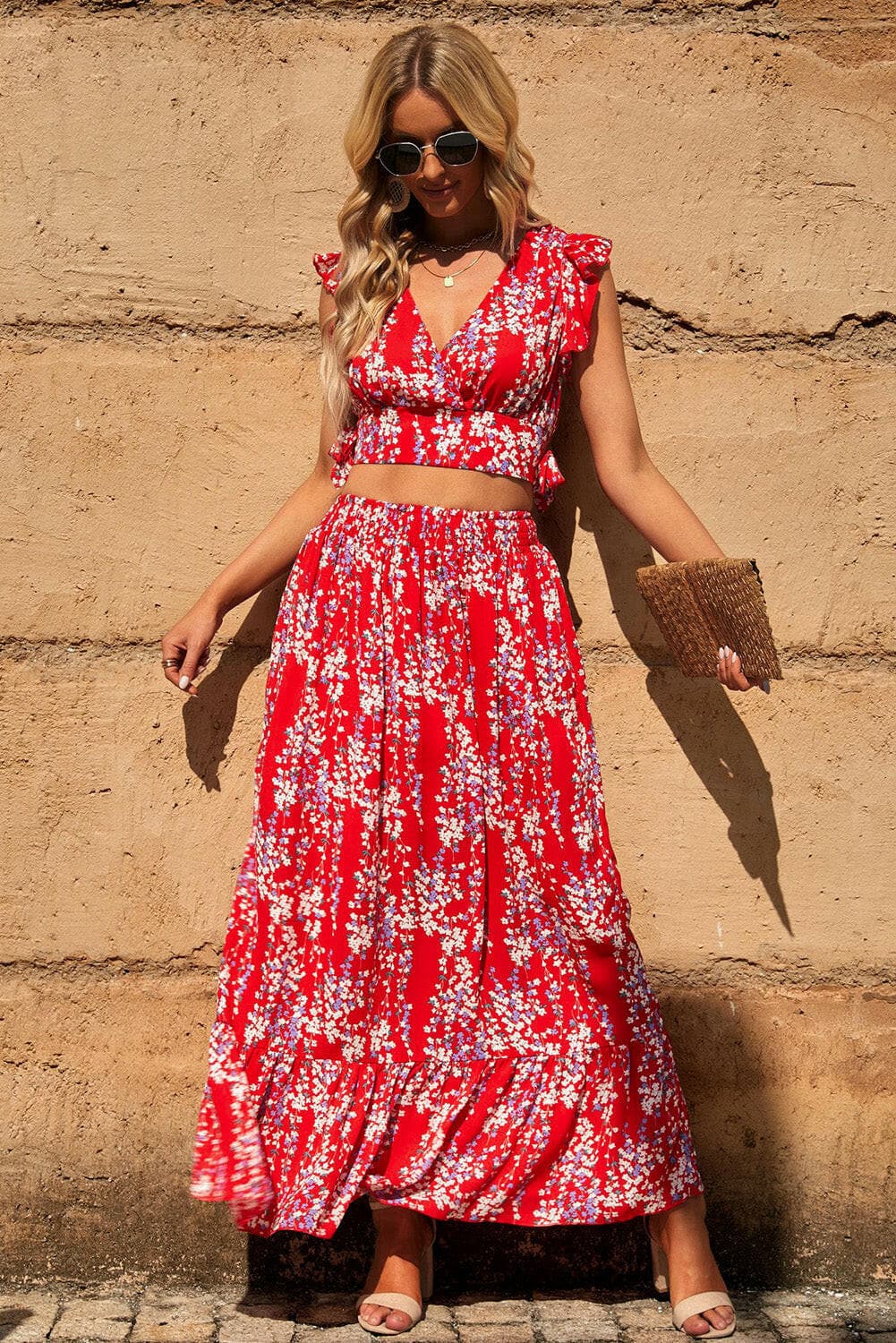 Printed Tie Back Cropped Top and Maxi Skirt Set.