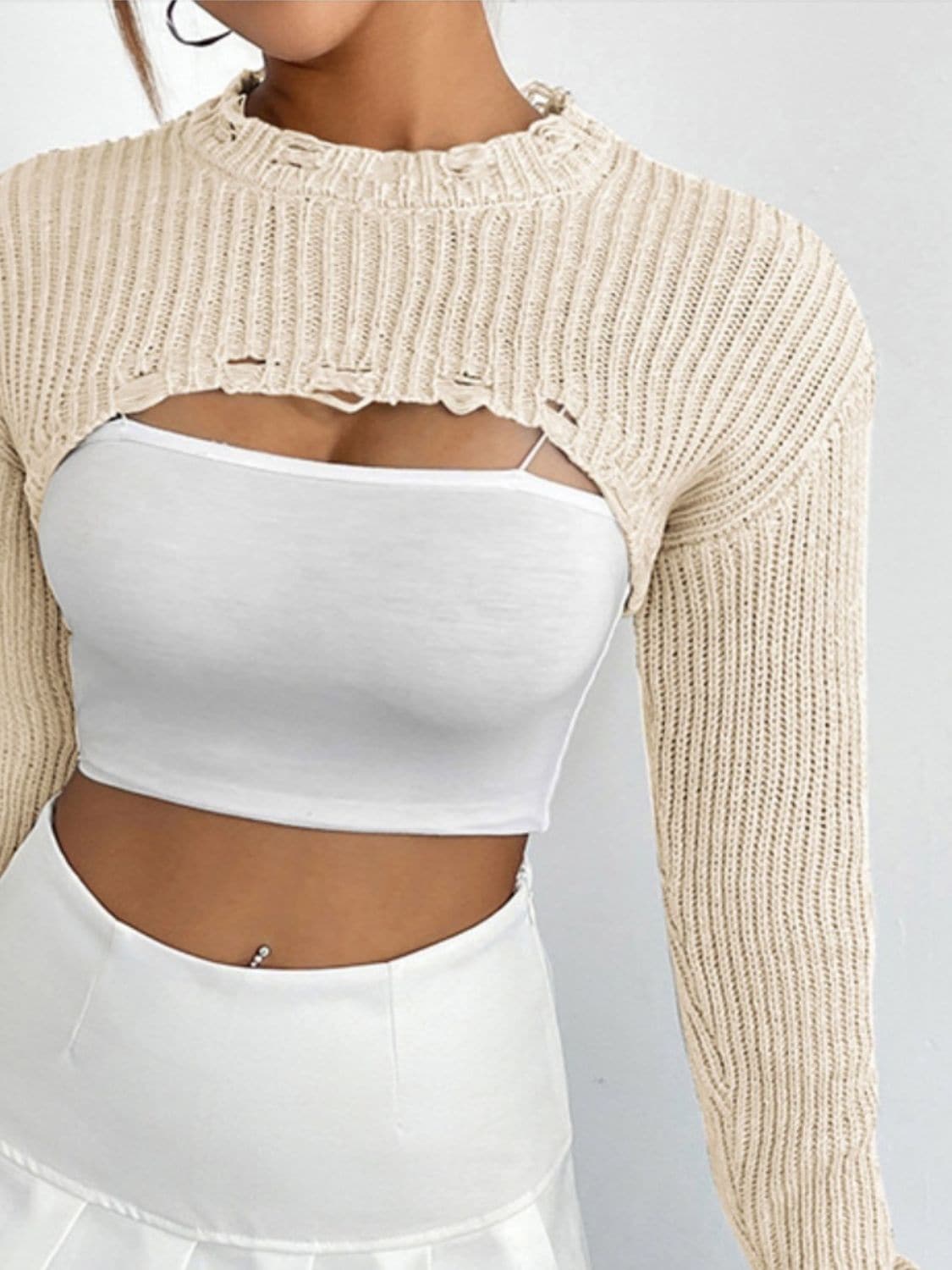 Distressed Long Sleeve Cropped Sweater.