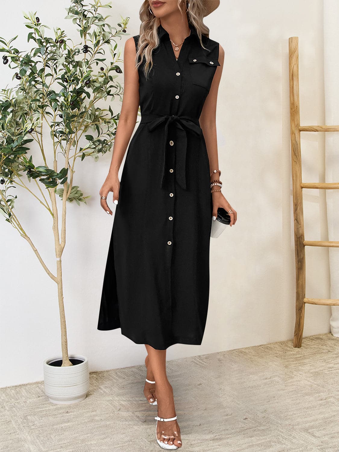 Button Up Sleeveless Midi Dress.