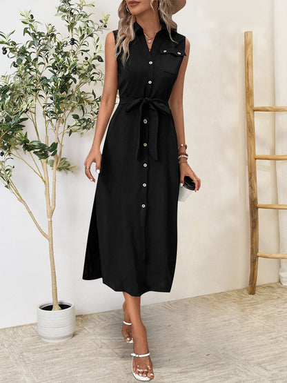 Button Up Sleeveless Midi Dress.