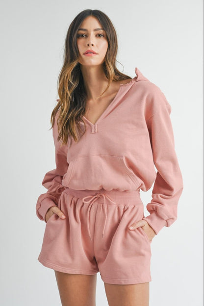 Stylish French terry hooded romper with drawstring waist