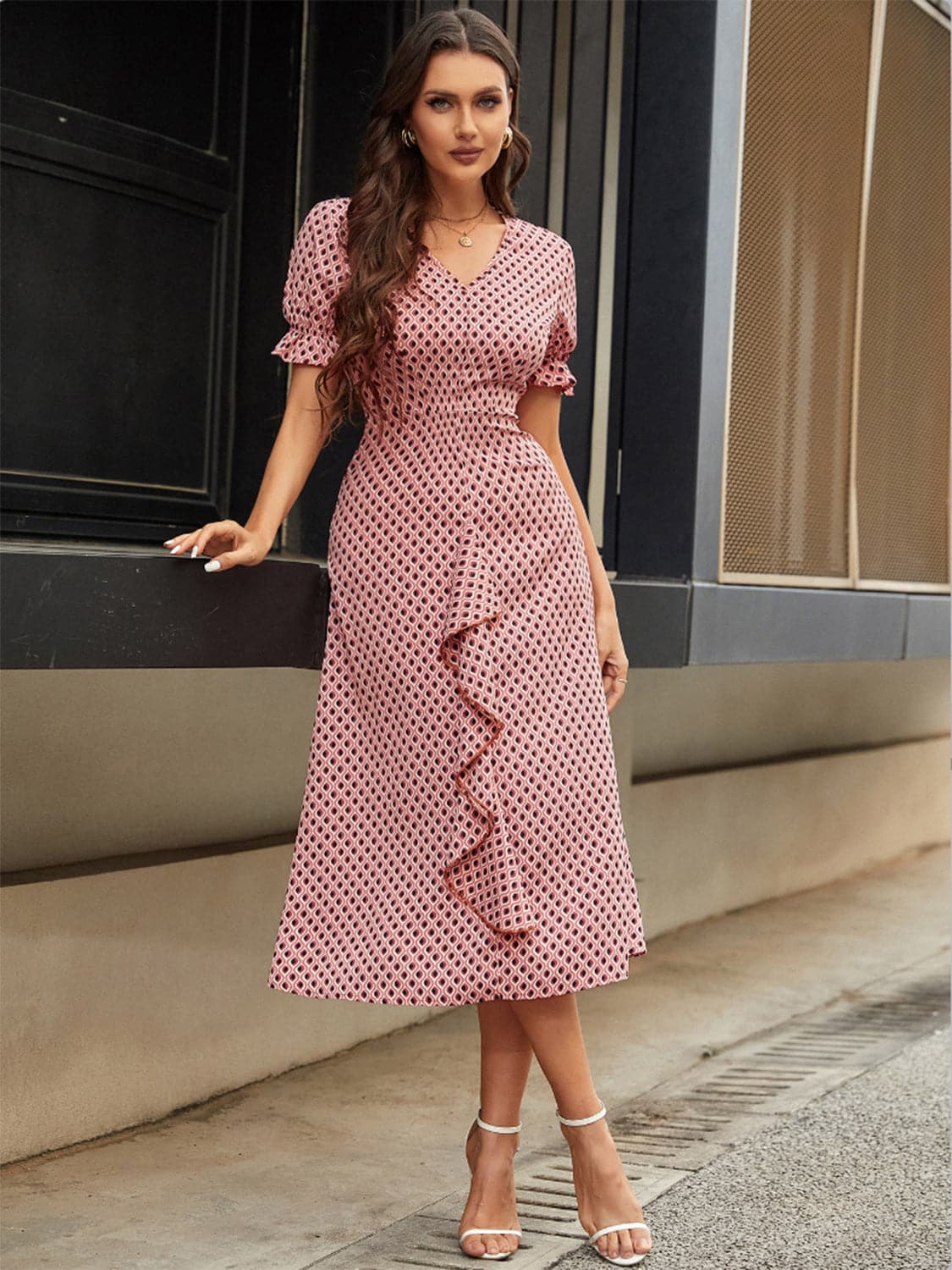 Printed V-Neck Flounce Sleeve Midi Dress.