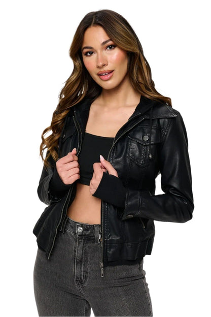 Vegan leather double zip hoodie