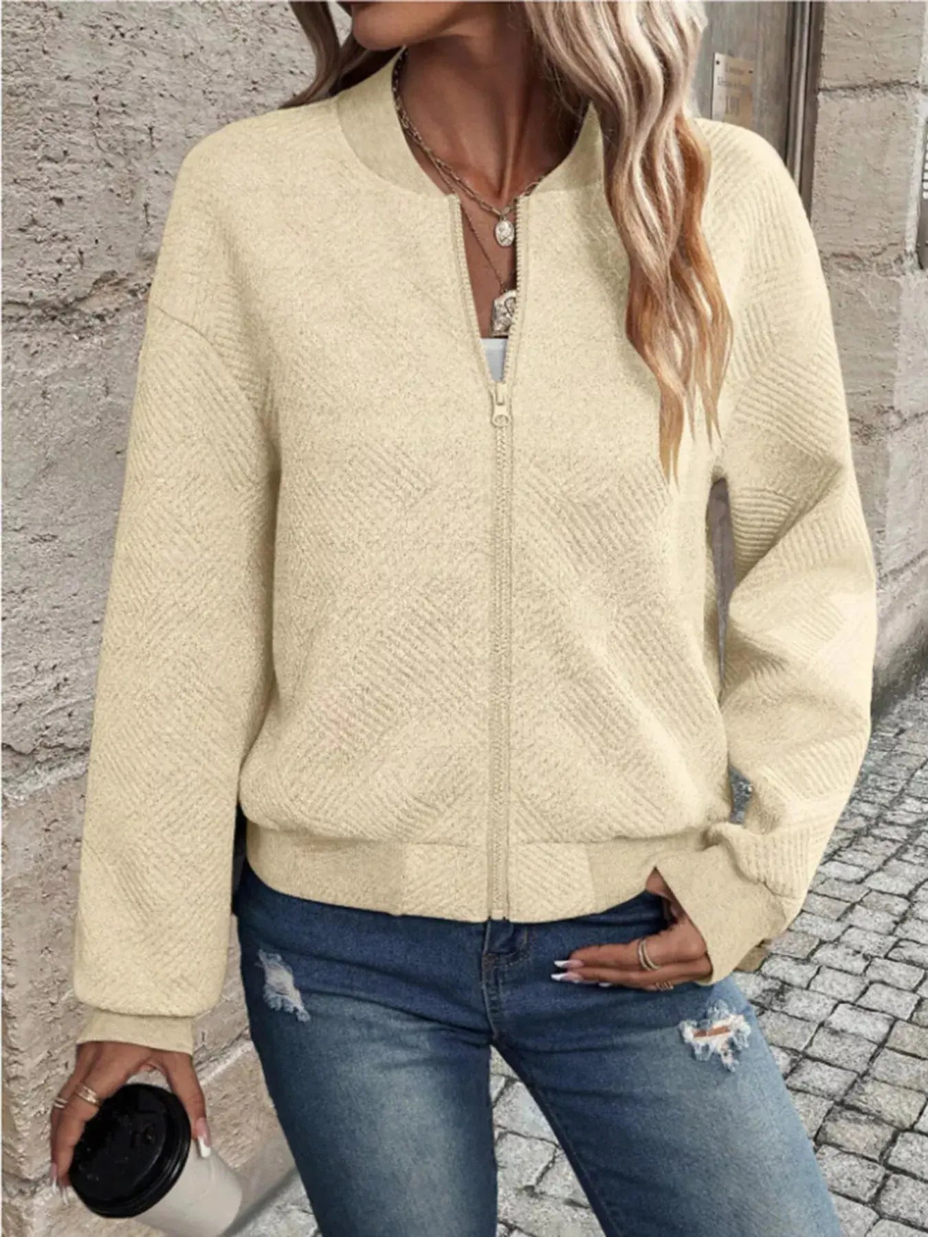 Textured Knit Zip-Up Bomber Jacket Simply Love