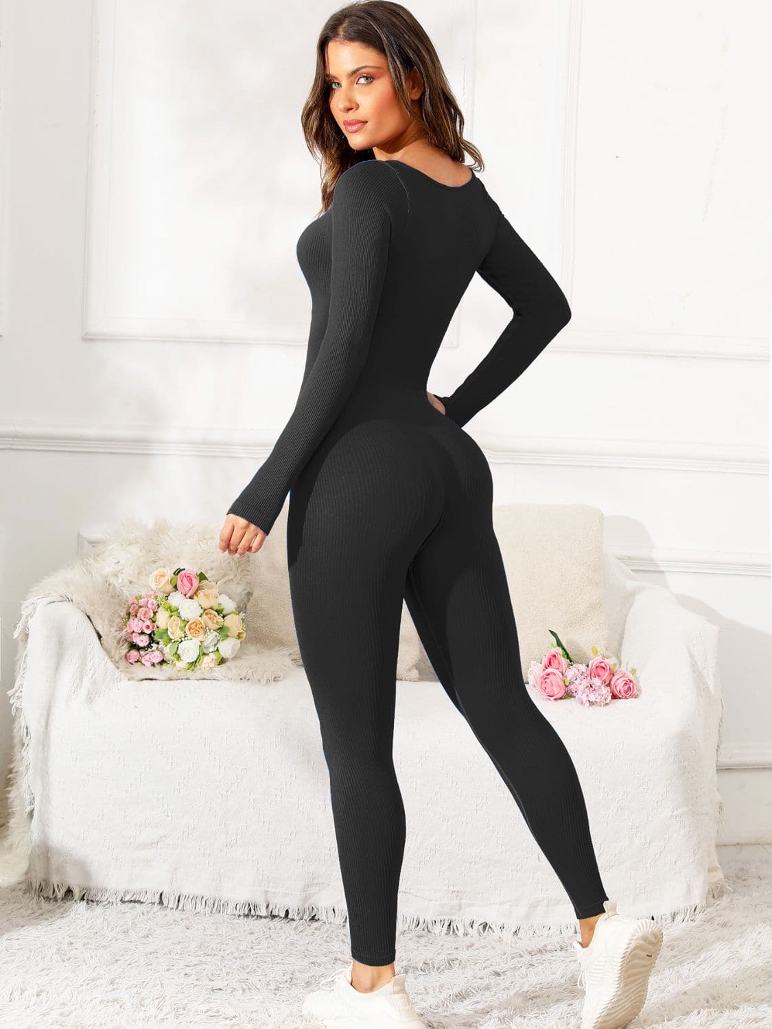 Scoop Neck Long Sleeve Active Jumpsuit.