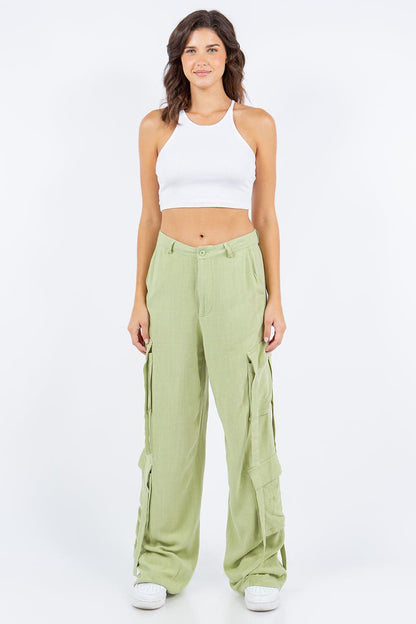 American Bazi Linen Wide Leg Cargo Pants.