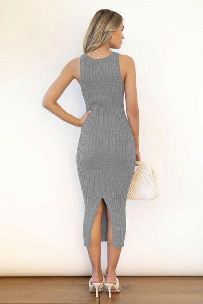 Slit Ribbed Round Neck Sleeveless Dress.