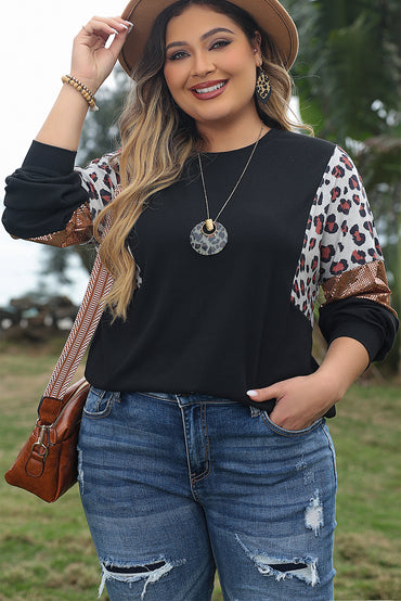 Leopard print sequin accent plus size long sleeve pullover