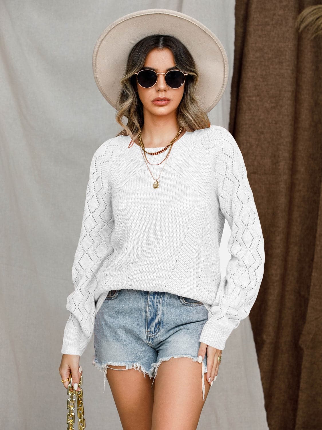 Openwork Round Neck Raglan Sleeve Sweater.