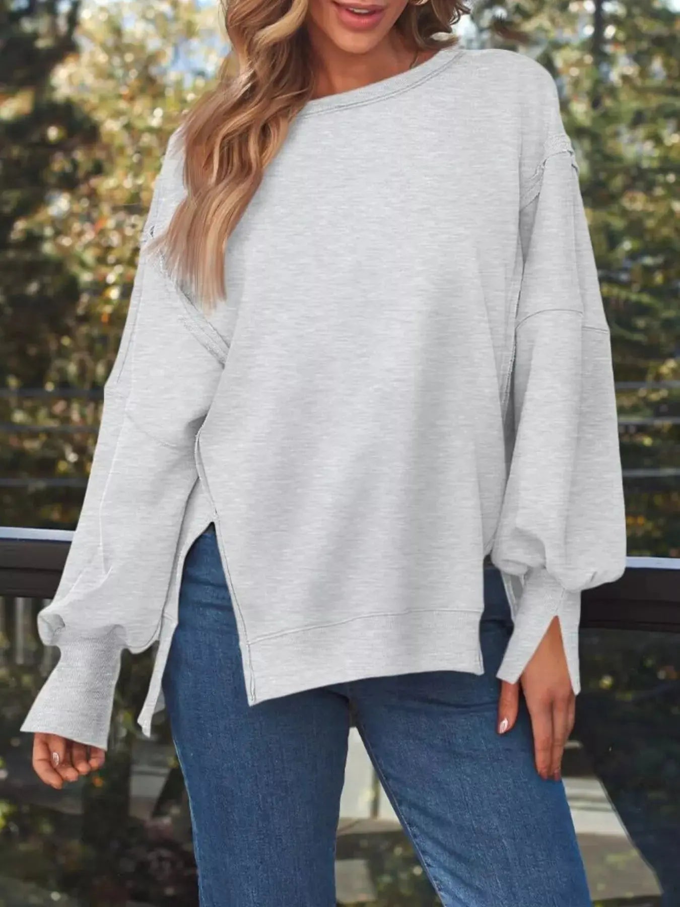 Side Slit Long Sleeve Oversized Sweatshirt Simply Love