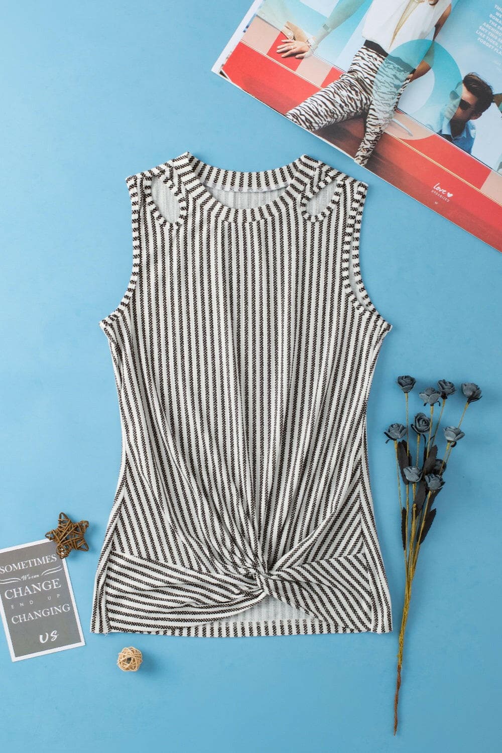 Cutout Striped Round Neck Tank.