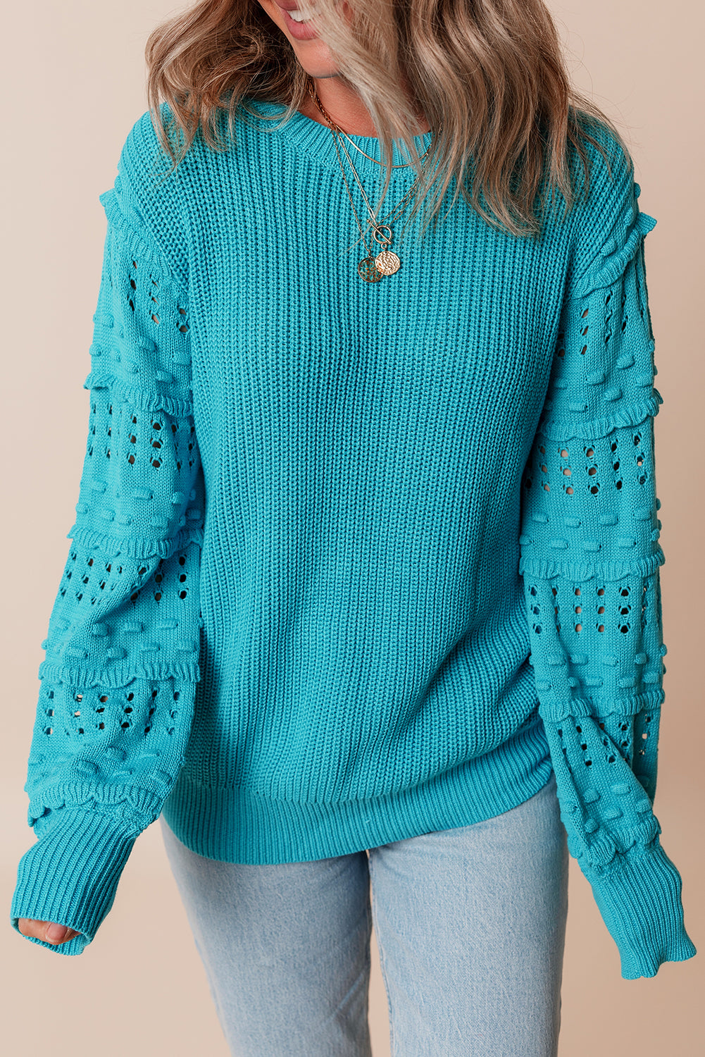 Turquoise ruffled bubble sleeve knit sweater