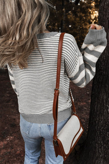 Striped Round Neck Long Sleeve Sweater.