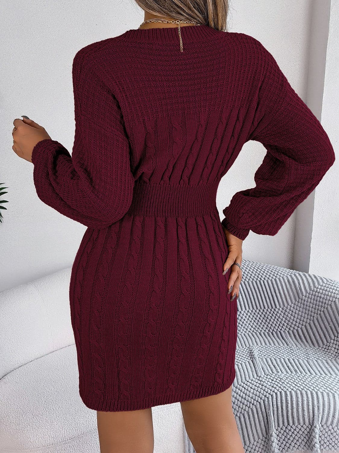 Cable-Knit Cutout Round Neck Slit Sweater Dress.