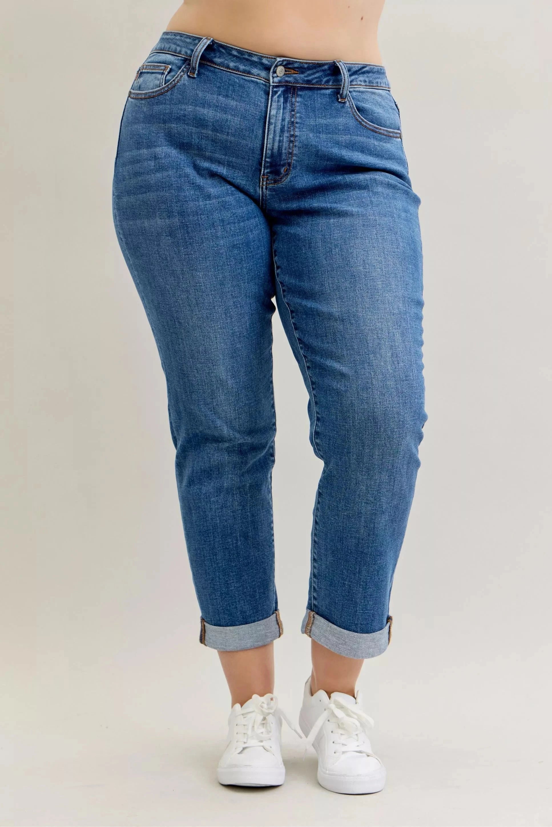 Judy Blue Full Size Mid Rise BF Classic Cuffed Jeans Plus Size Coco’s Tee Boutique