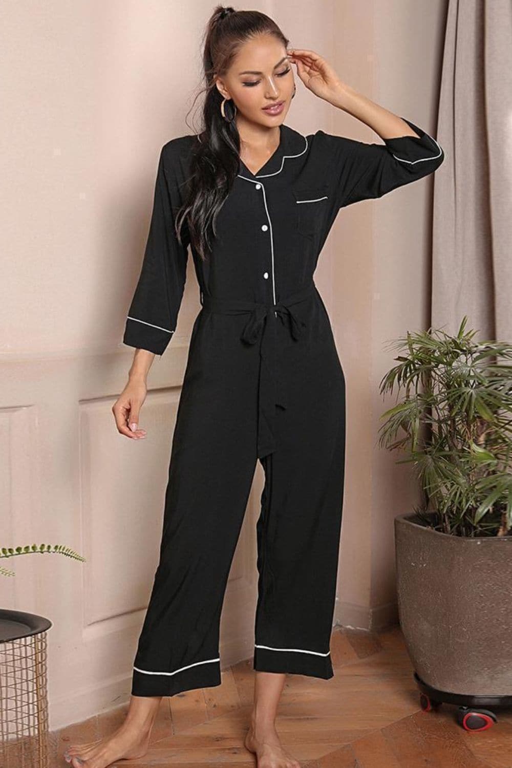 Contrast Belted Lapel Collar Jumpsuit.