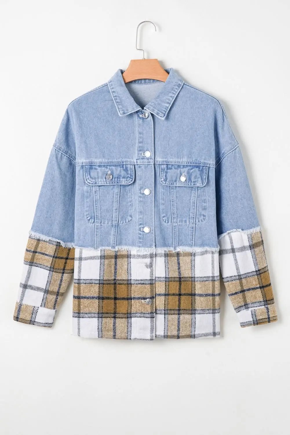 Khaki Plaid Patchwork Buttoned Oversized Denim Jacket - Love Salve 