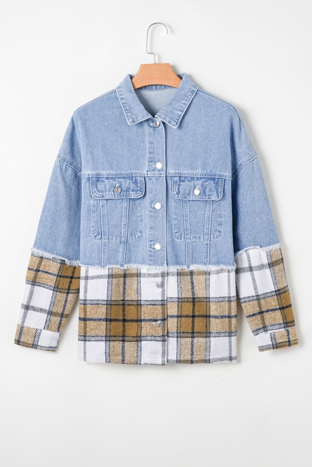Khaki Plaid Patchwork Buttoned Oversized Denim Jacket - Love Salve 
