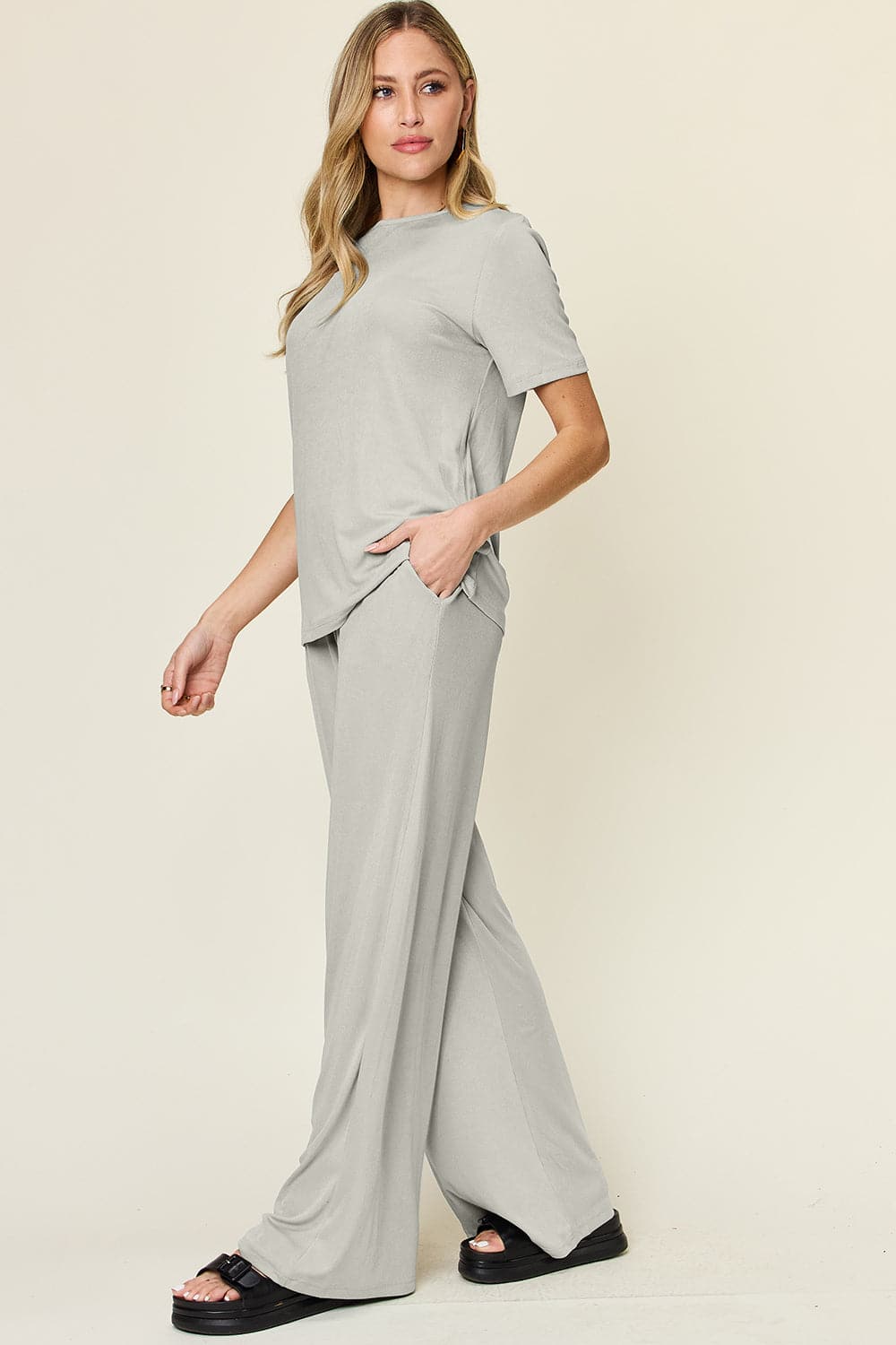 Double Take Full Size Round Neck Short Sleeve T-Shirt and Wide Leg Pants Set.