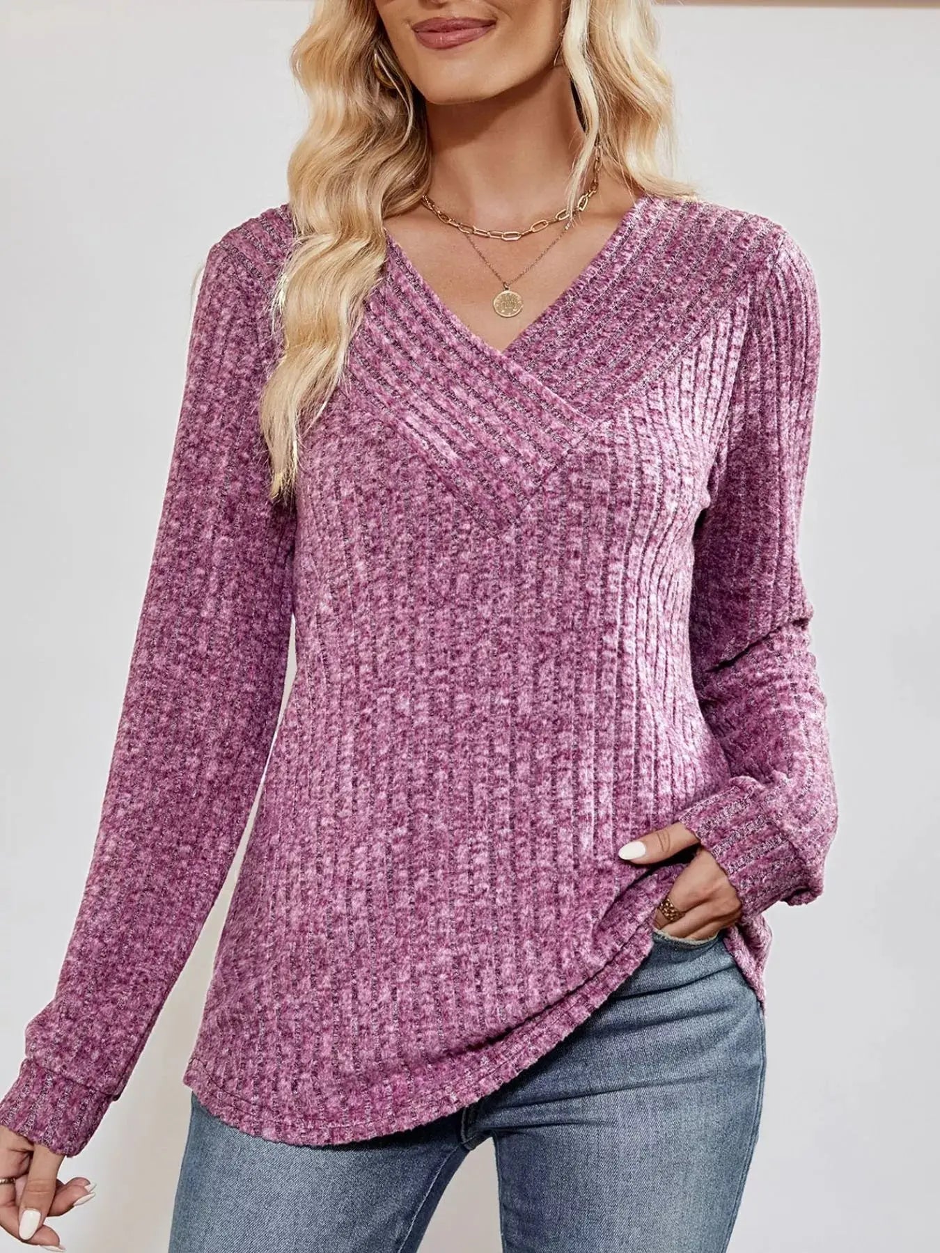 Ribbed Knit V-Neck Long Sleeve T-Shirt Simply Love