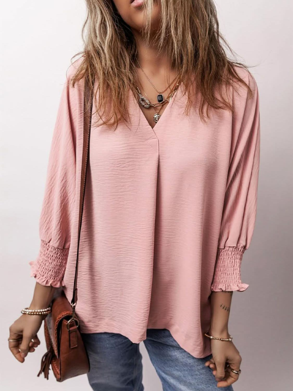 Elegant Johnny Collar Three-Quarter Sleeve Blouse