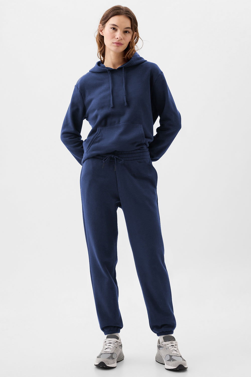 Navy blue fleece-lined joggers with adjustable drawstring waist