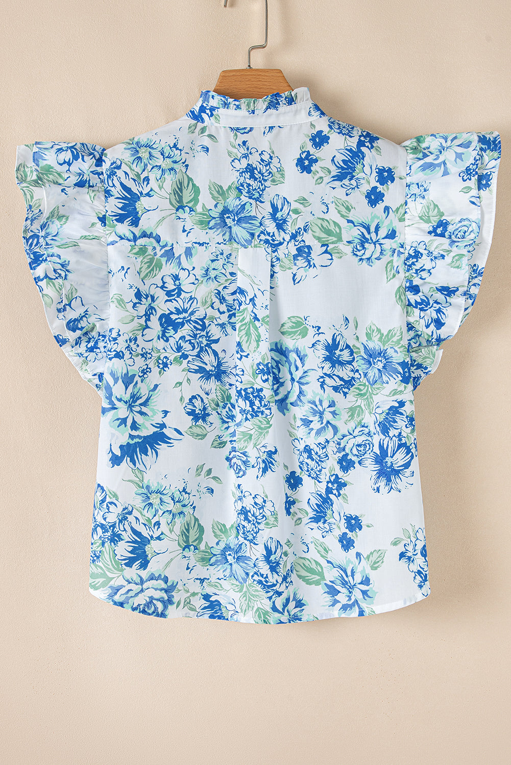 Sky Blue Floral Ruffle Sleeve Button-Up Top