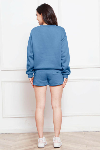 Round Neck Long Sleeve Sweatshirt and Drawstring Shorts Set.