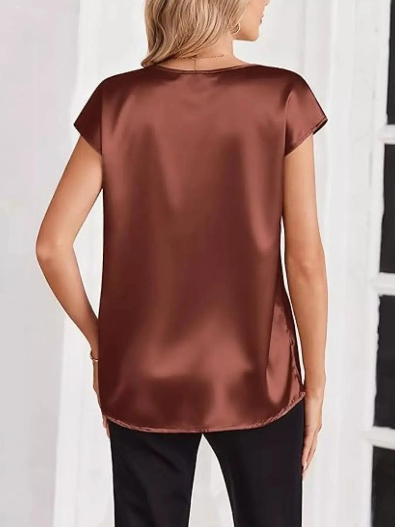 Satin V-Neck Short Sleeve Blouse Simply Love