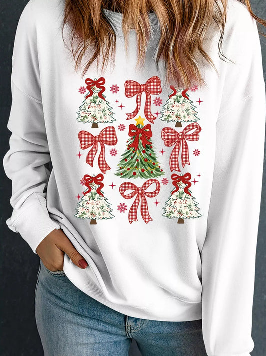 Christmas Tree Ribbon Bow Printed Drop Shoulder Sweatshirt Simply Love