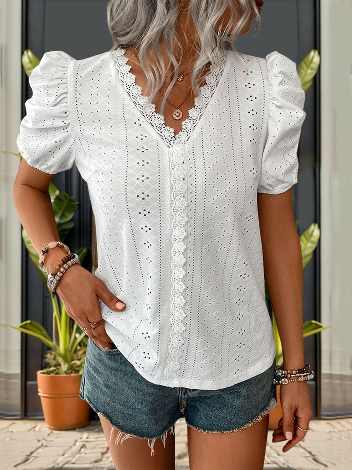 Lace Detail Eyelet V-Neck Short Sleeve Blouse.