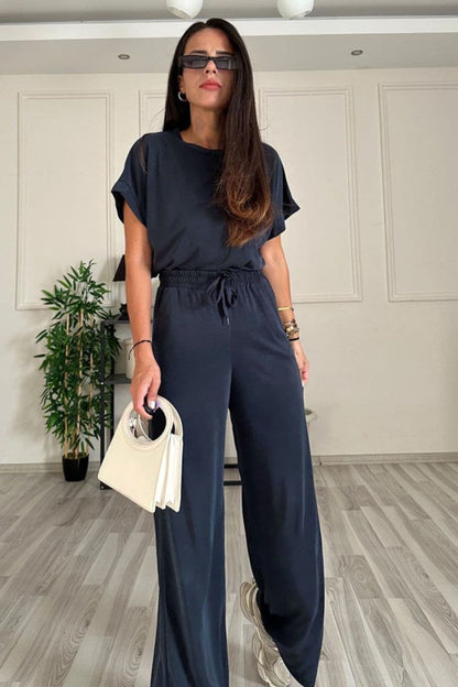 Round Neck Short Sleeve Top and Drawstring Pants Set.