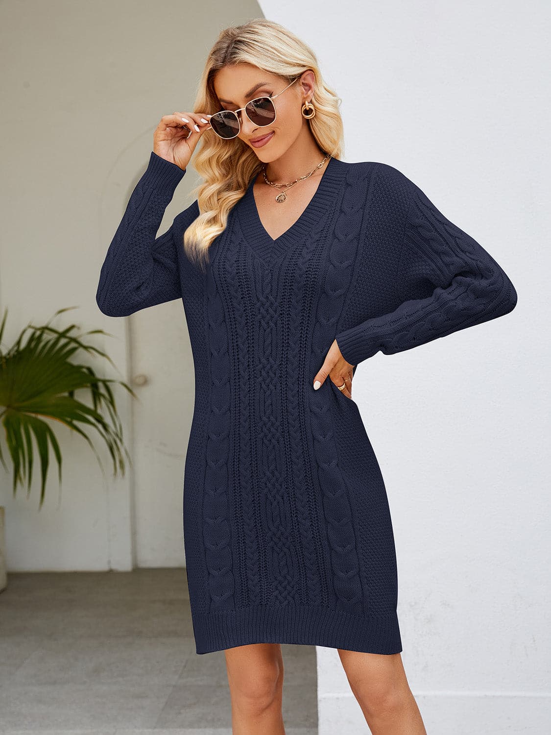 Cable-Knit V-Neck Mini Sweater Dress.