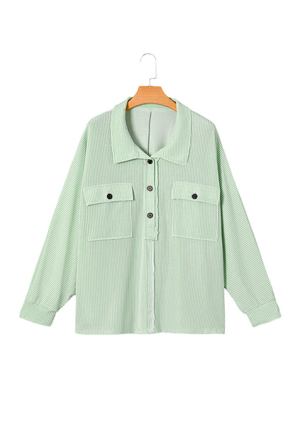 Chic green plus size ribbed henley top with pockets and long sleeves