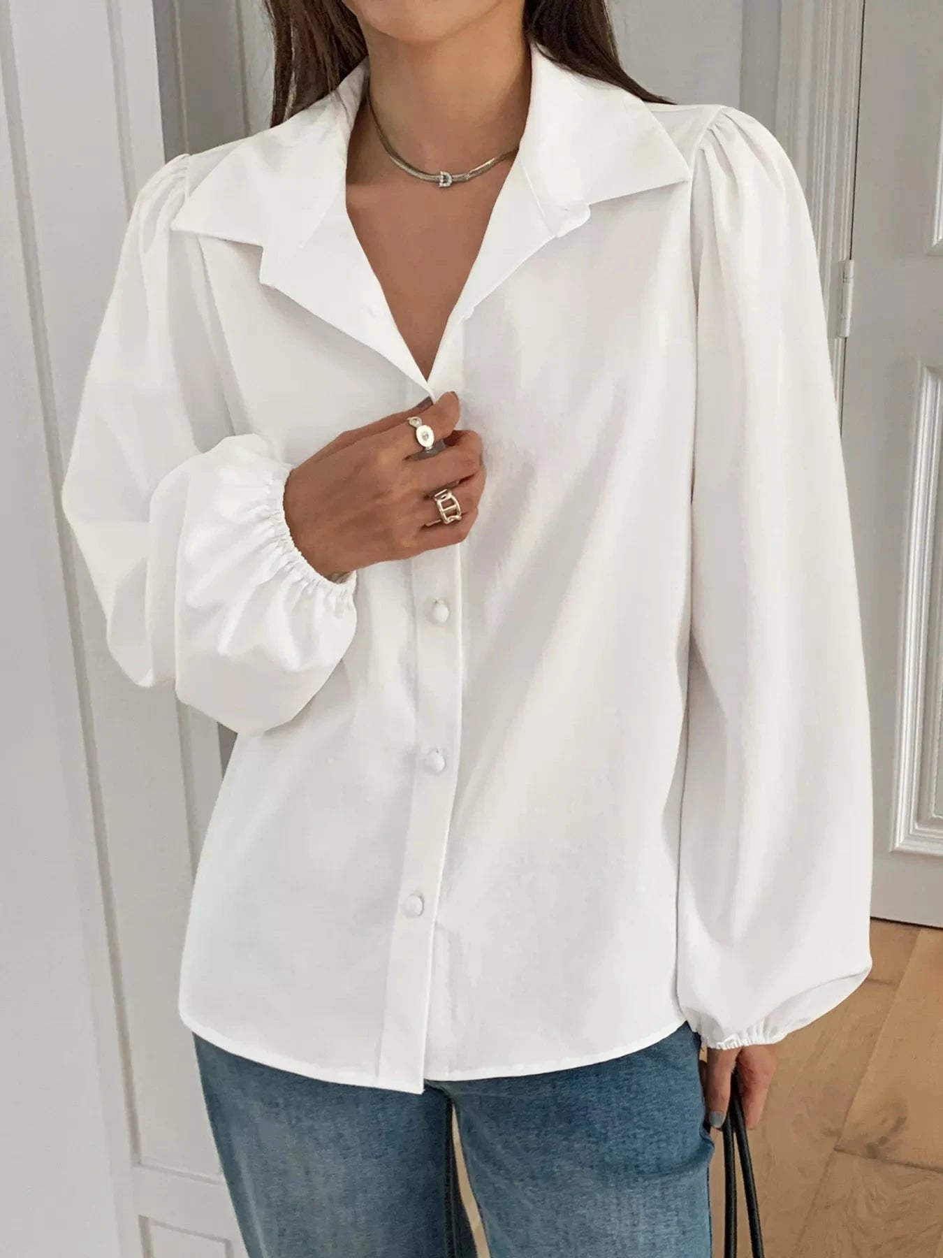 Puff Sleeve Button Down Shirt White 100 Percent Polyester Women Simply Love