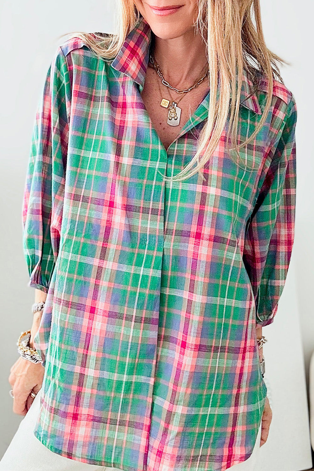 Casual green plaid 3/4 sleeve button-up shirt