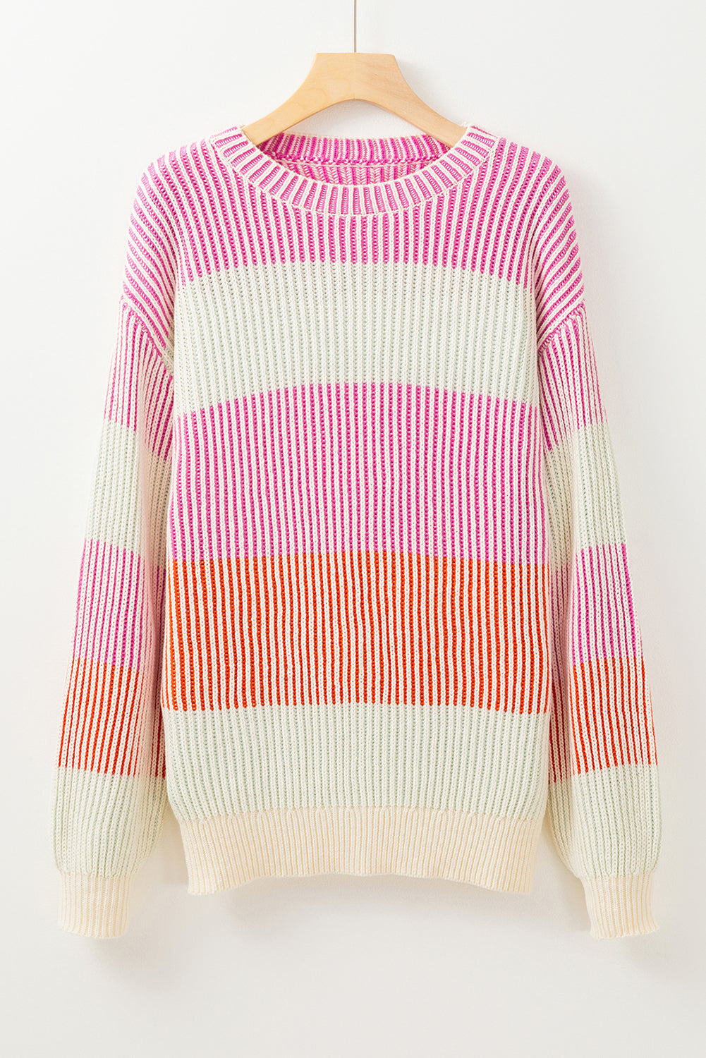 Pink Colorblock Textured Knit Sweater with Bubble Sleeves