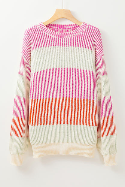 Pink Colorblock Textured Knit Sweater with Bubble Sleeves