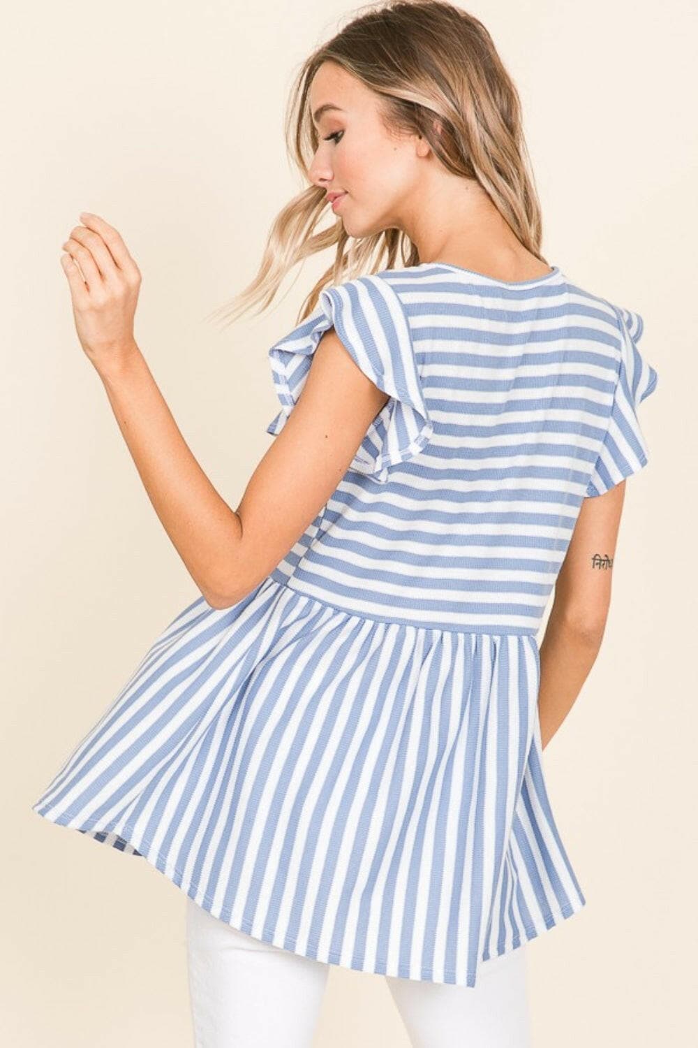 BOMBOM Striped Round Neck Blouse.