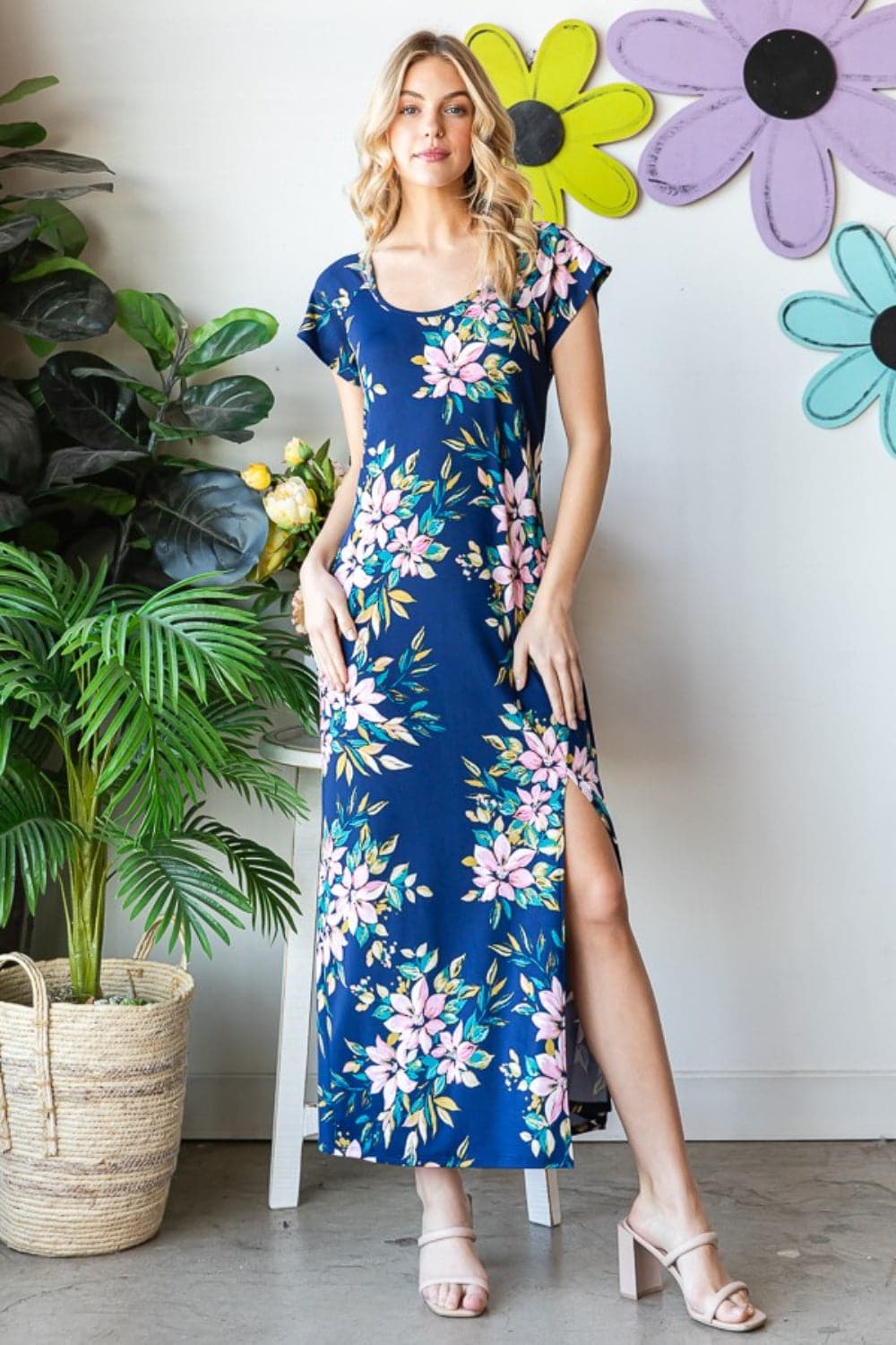 Heimish Full Size Floral Short Sleeve Slit Dress.