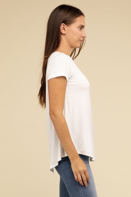 Flowy Round Hem Rayon Short Sleeve Top.