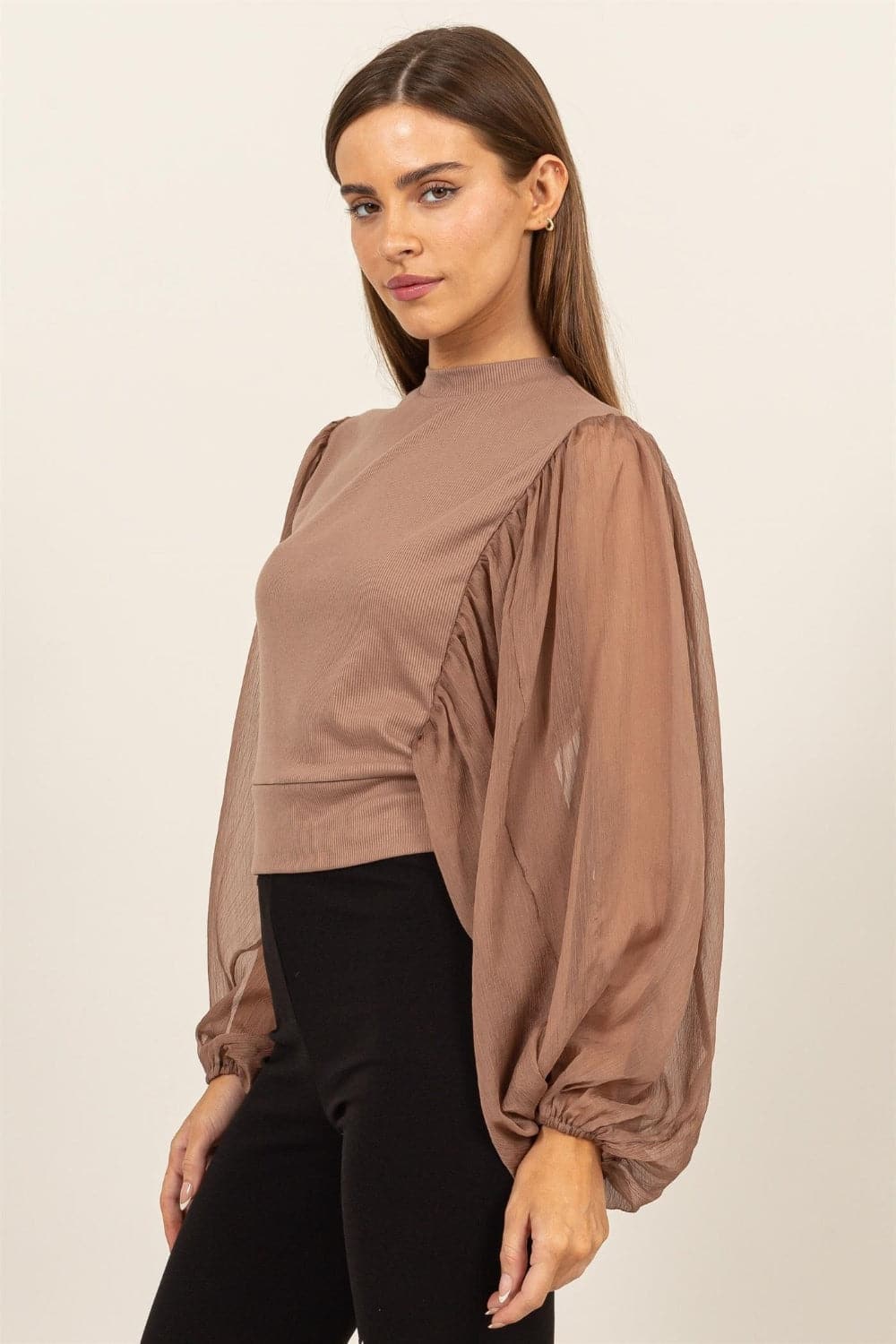 HYFVE Ruched Sheer Long Sleeve Mock Neck Blouse.