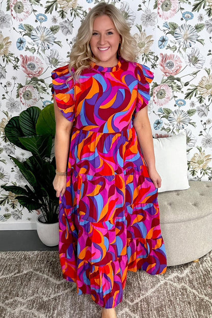 Vibrant abstract print plus-size ruffled mock neck maxi dress